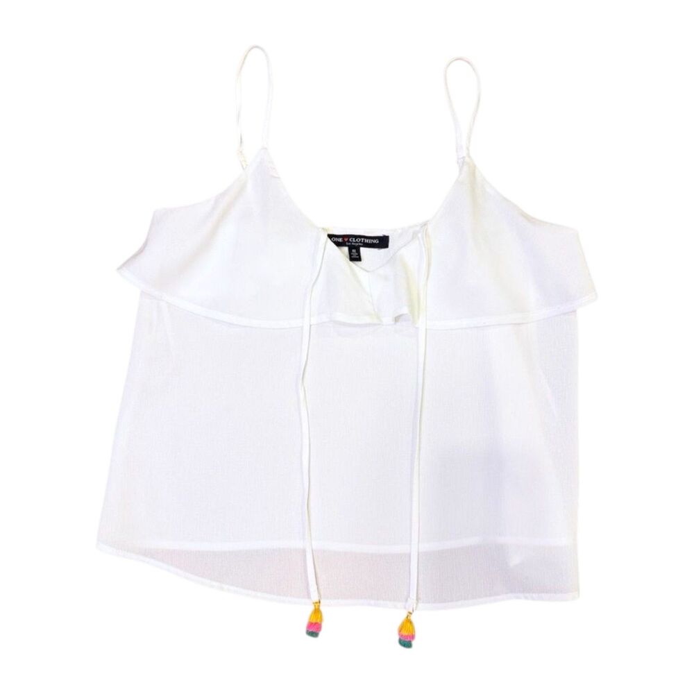 Festival Boho White Cami Ruffle Front Colorful Rainbow Tassel Tie Tank Size S
